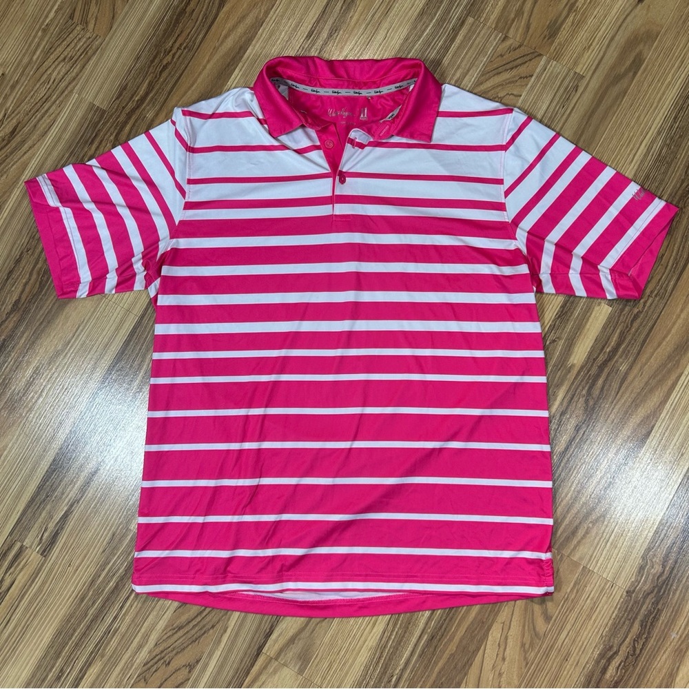 Walter Hagen Mens Large Golf Polo Neon Pink Striped 11 Majors 3 Button Polyester